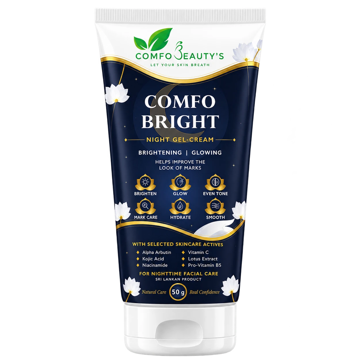 Comfo Bright night gel-cream in a 50 g navy and gold tube with lotus flowers