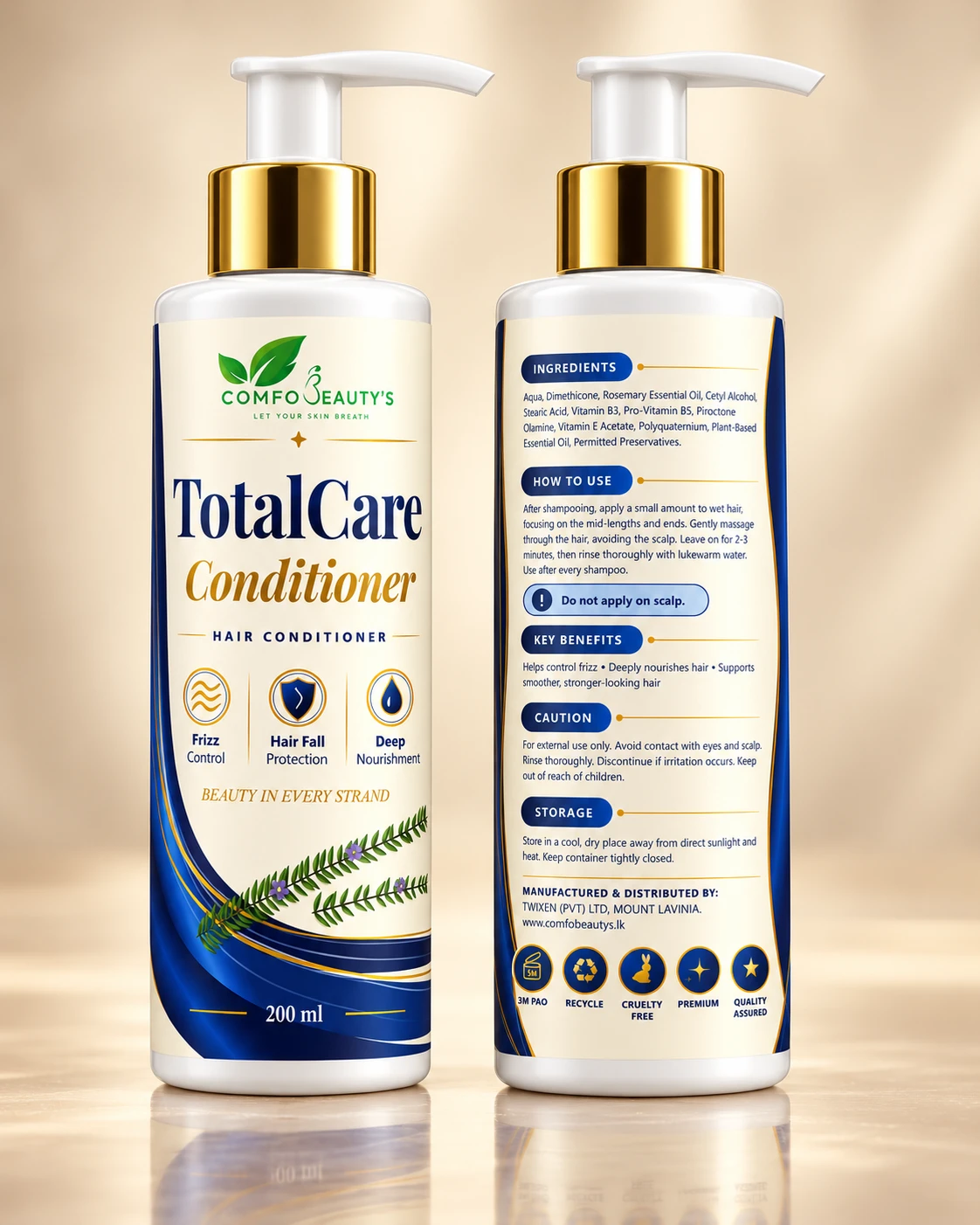 The TotalCare Conditioner bottle shown front and back, the back listing ingredients and how to use it