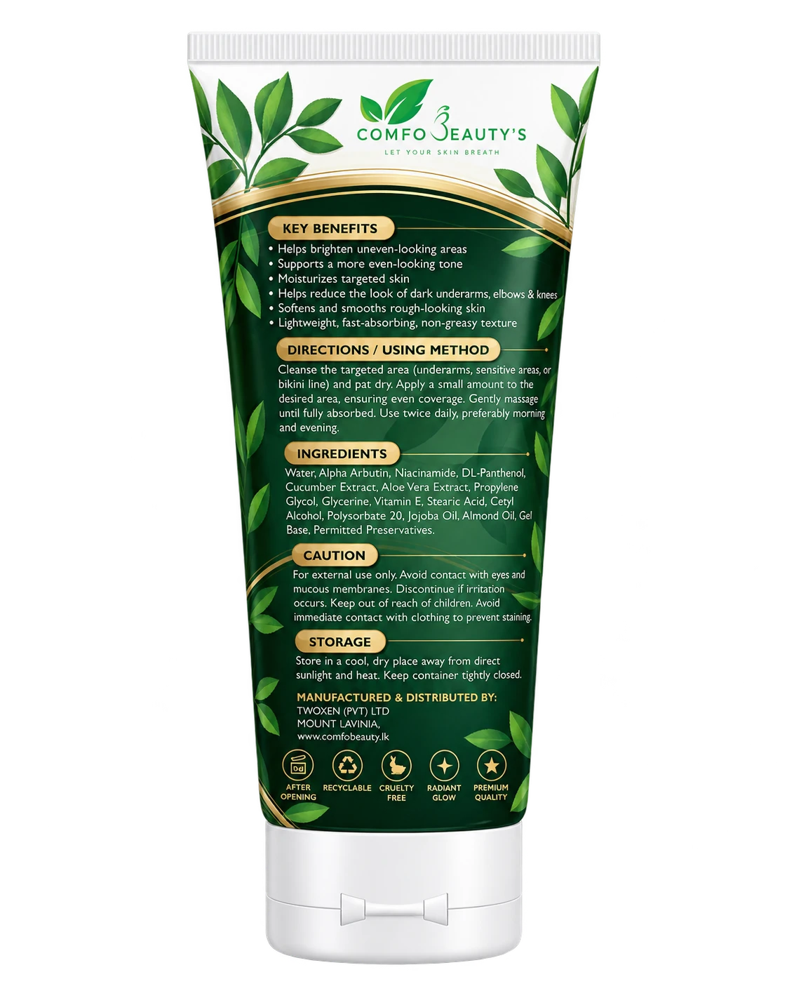 The back of the Secret Radiance tube, listing key benefits, directions, ingredients, caution and storage