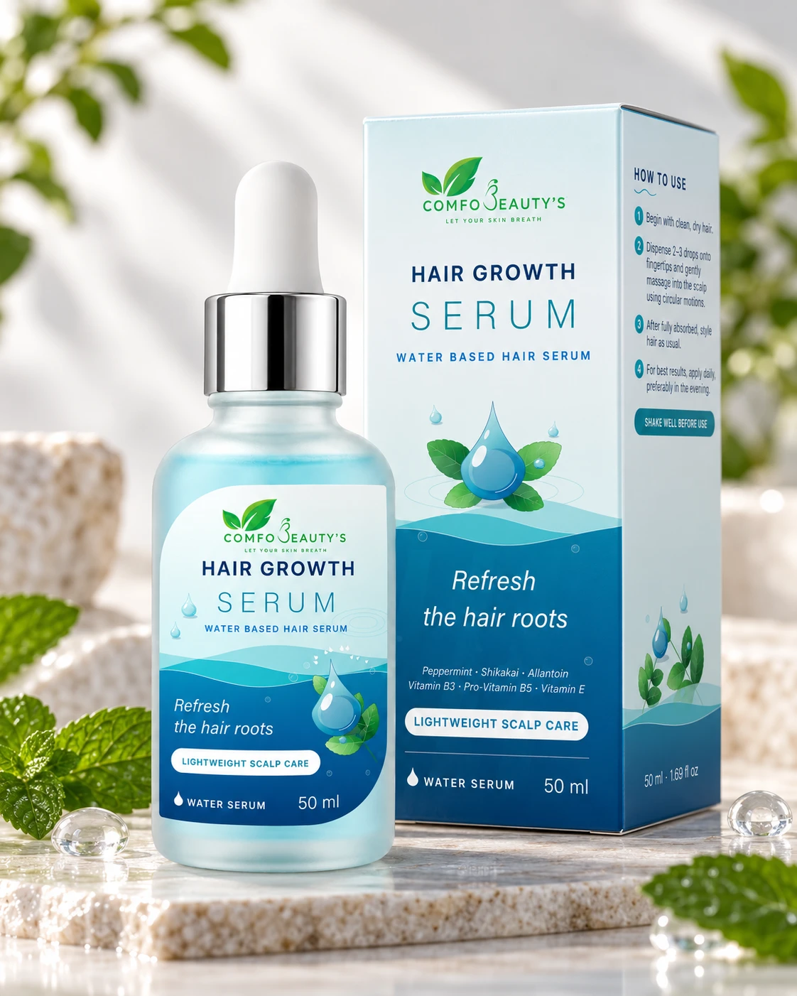 The water-based Hair Growth Serum beside its printed carton, which lists the ingredients and how to use it