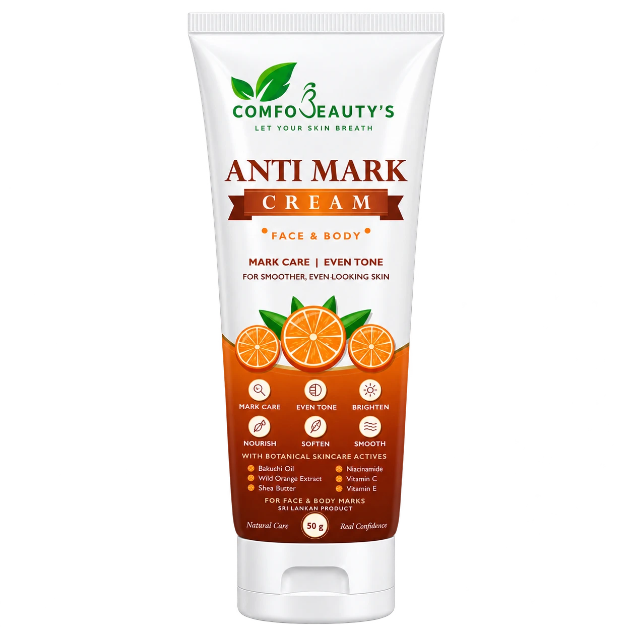 Anti Mark Cream in a 50 g white and orange tube with orange slices