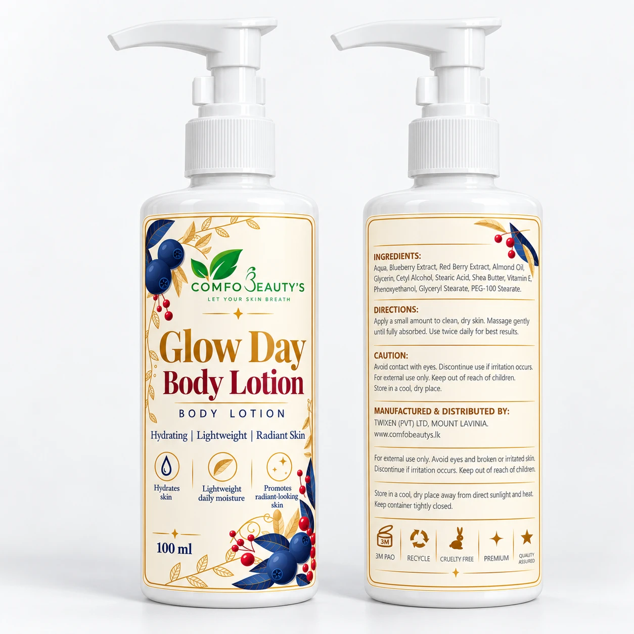 The Glow Day bottle shown front and back, the back listing ingredients and directions