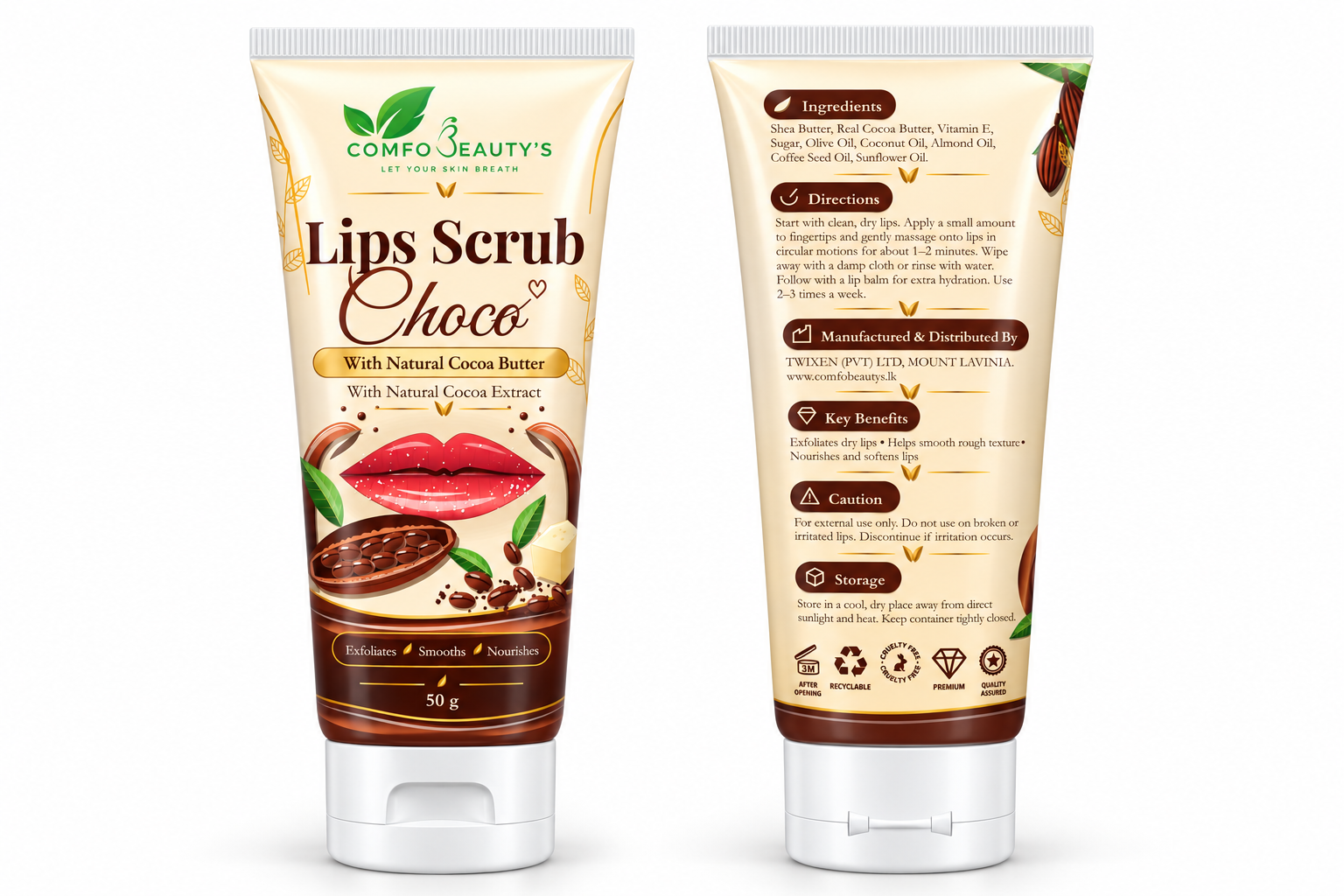 Lips Scrub Choco tube shown front and back