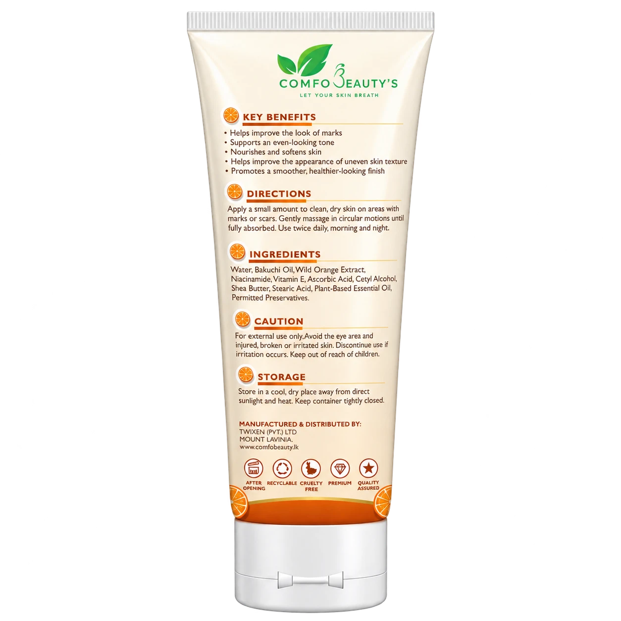 The back of the Anti Mark Cream tube, listing key benefits, directions, ingredients, caution and storage