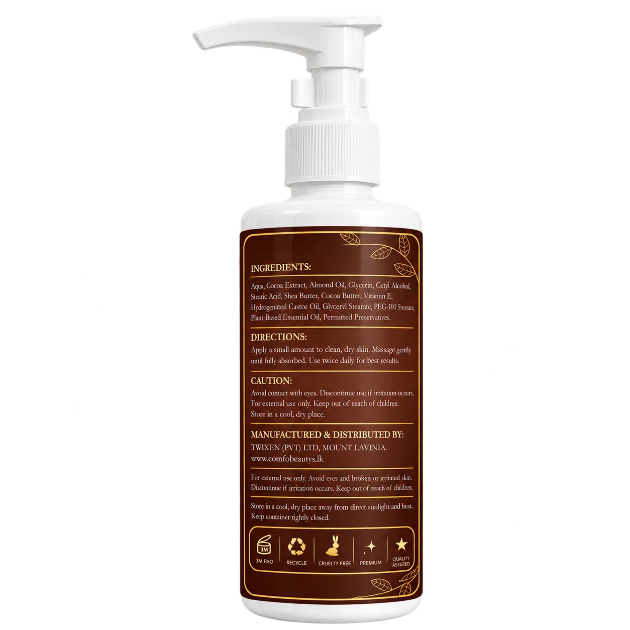 The back of the Choco Lush bottle, listing ingredients, directions, caution and storage