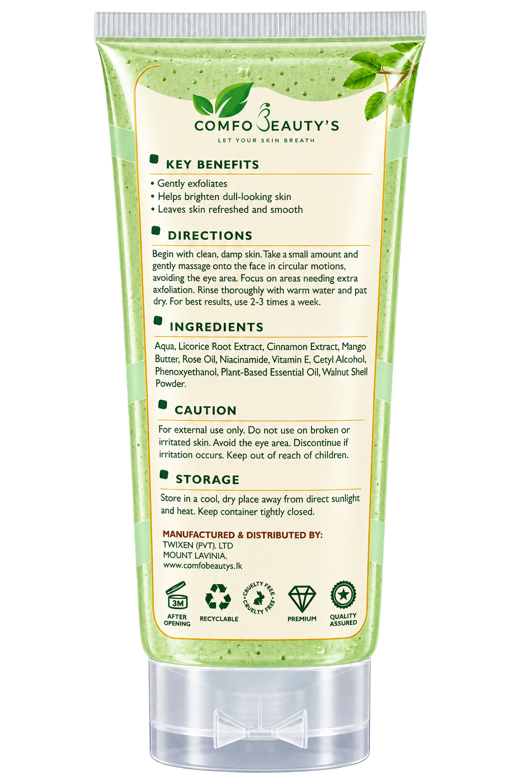 The back of the green Licorice Scrub tube, listing key benefits, directions, ingredients, caution and storage