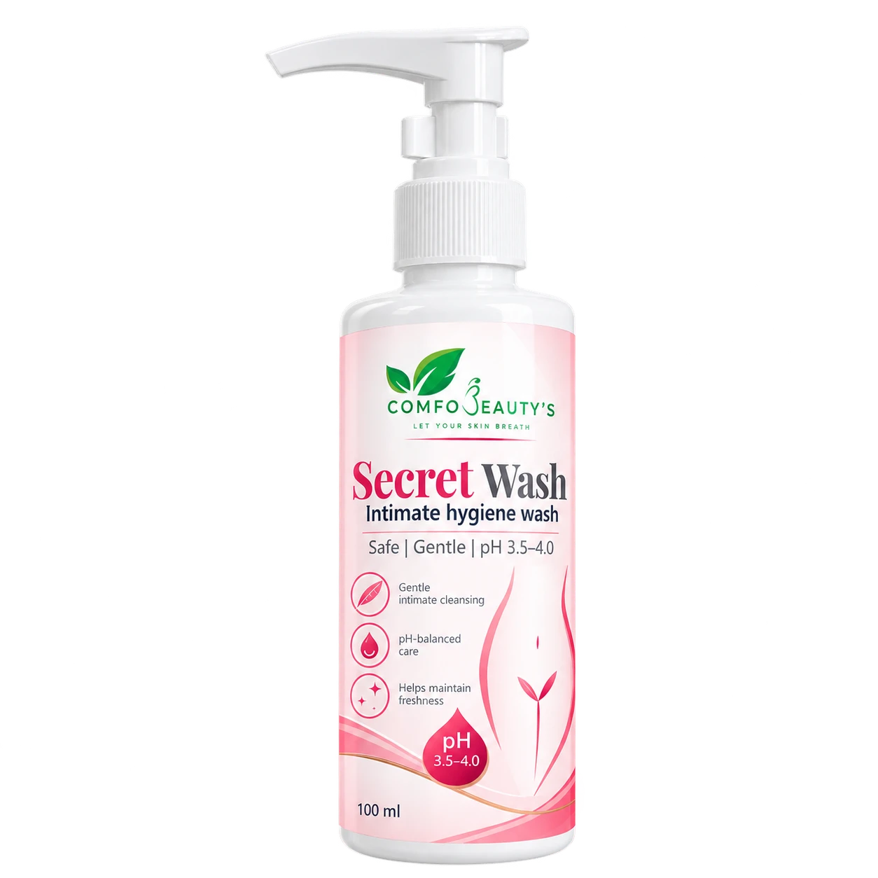 Secret Wash intimate hygiene wash in a 100 ml white pump bottle with a pink label