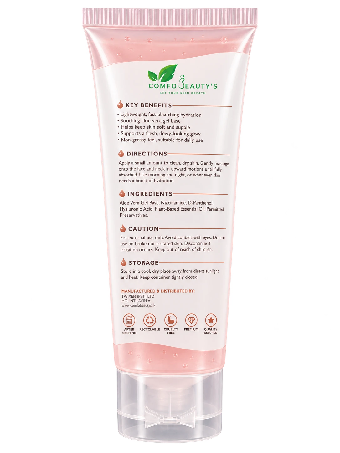 The back of the Blush Dew tube, listing key benefits, directions, ingredients, caution and storage
