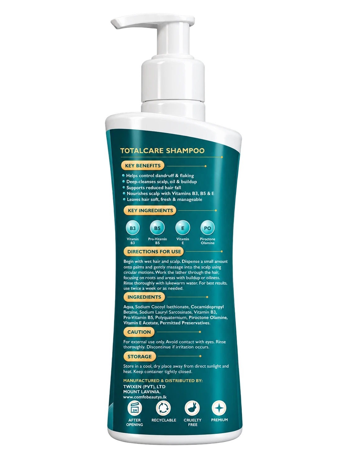 The back of the TotalCare Shampoo bottle, listing key benefits, key ingredients, directions, ingredients, caution and storage