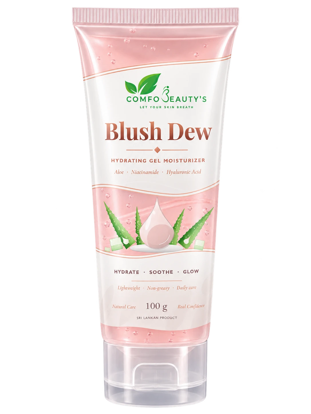 Blush Dew hydrating gel moisturizer in a 100 g pink and white tube