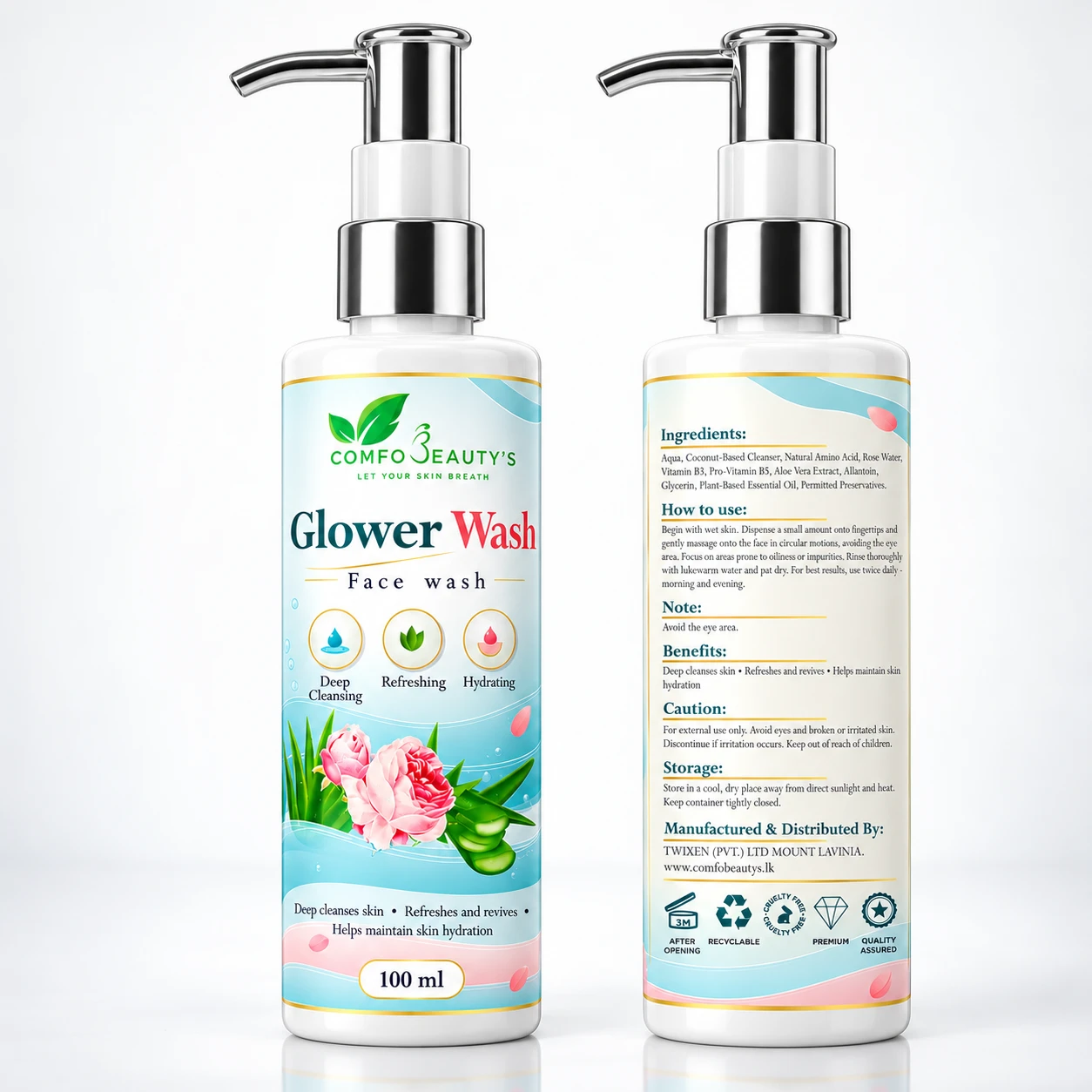 The Glower Wash bottle shown front and back, the back listing ingredients and how to use it
