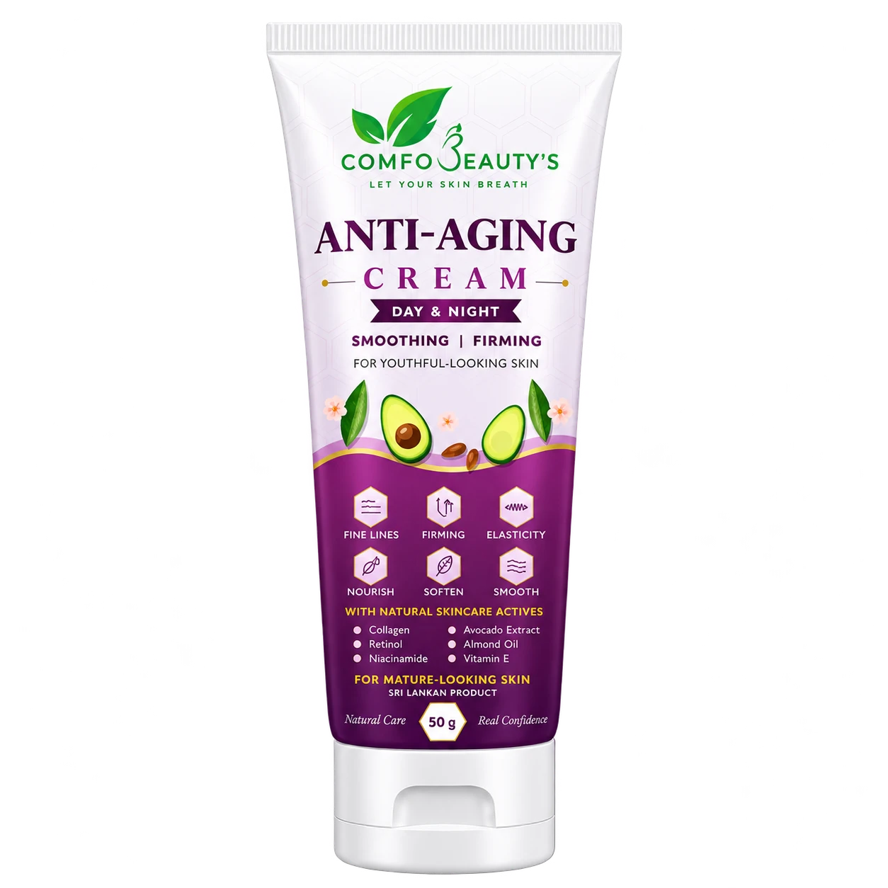 Anti-Aging Cream in a 50 g white and purple tube with avocado illustration