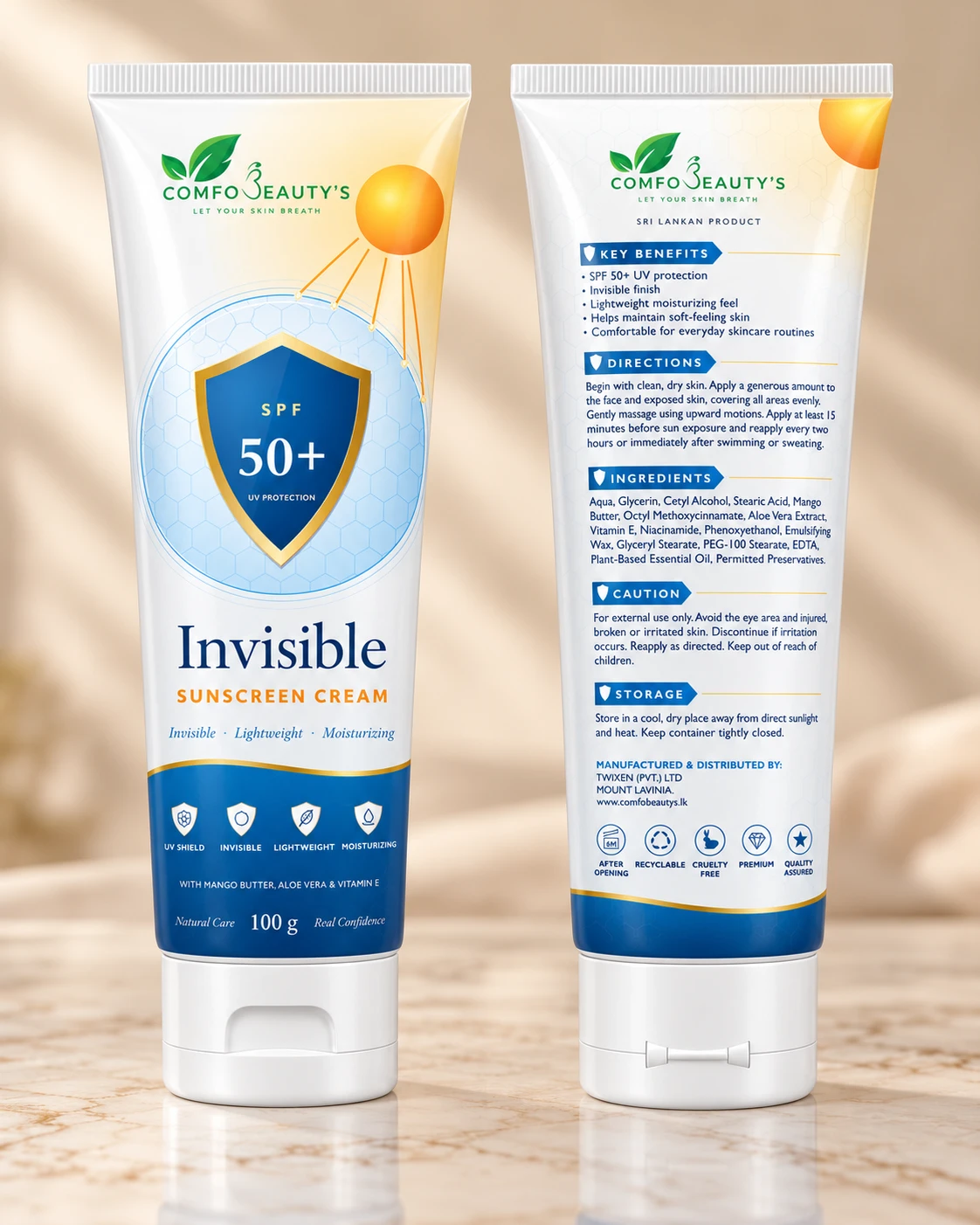 The sunscreen tube shown front and back, the back listing benefits, directions and ingredients