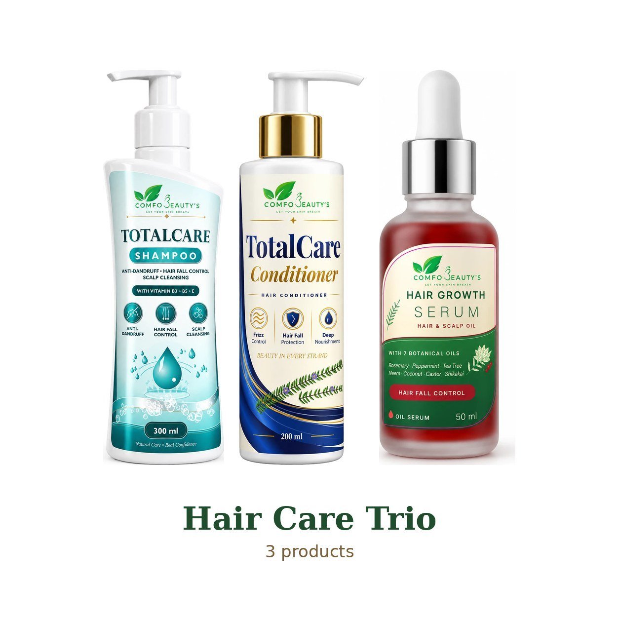 Hair Care Trio: TotalCare Shampoo, TotalCare Conditioner, Hair Growth Serum — Hair & Scalp Oil side by side