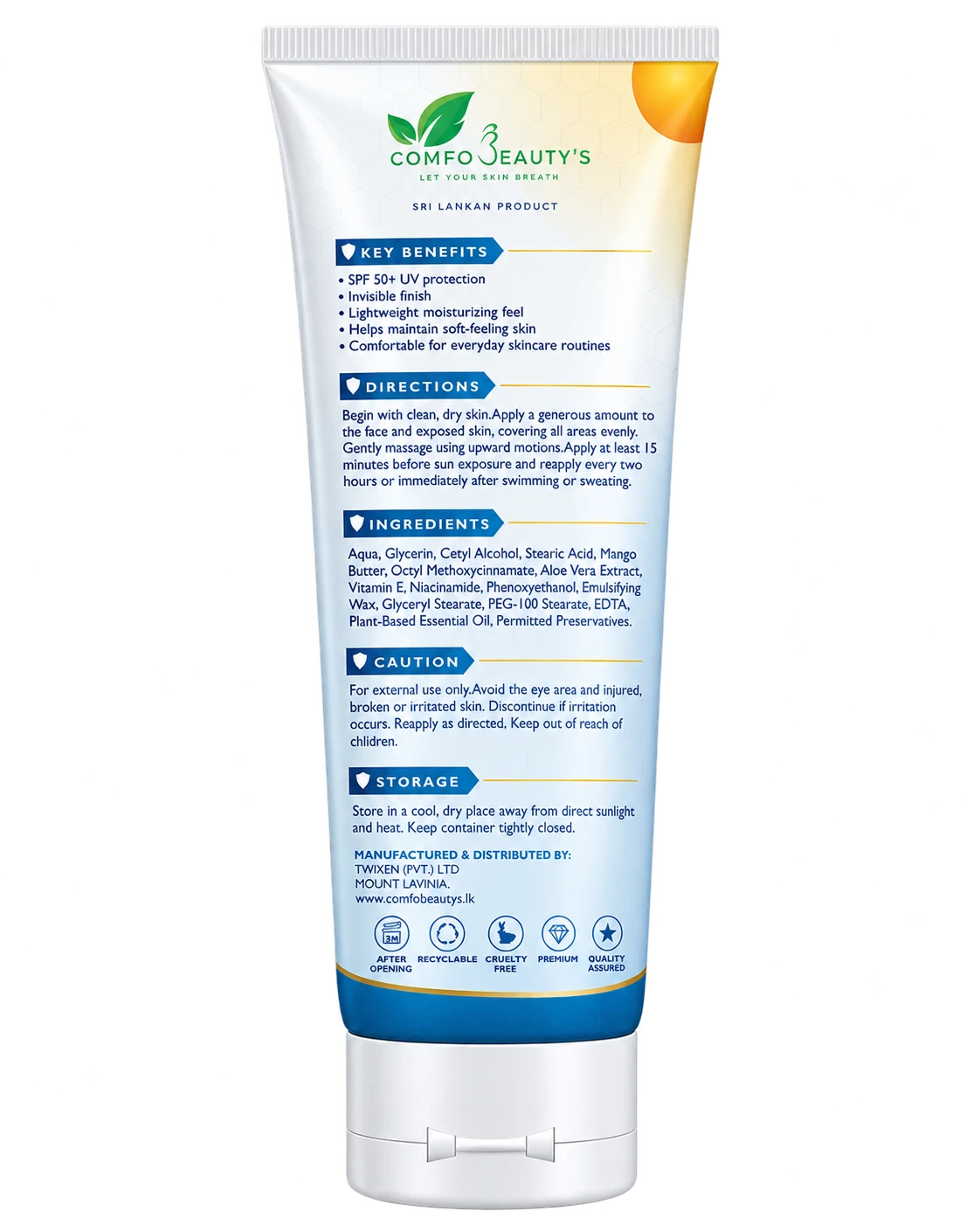 The back of the sunscreen tube, listing key benefits, directions, ingredients, caution and storage