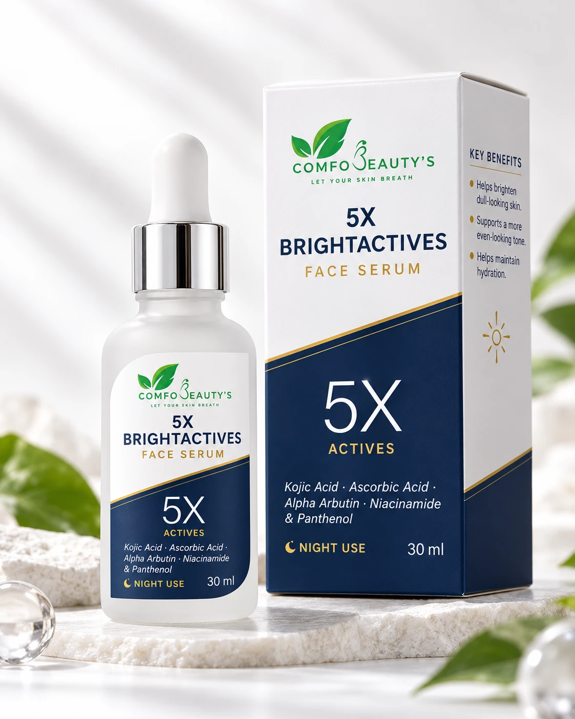 The 5X BrightActives serum bottle beside its printed carton, which lists the key benefits