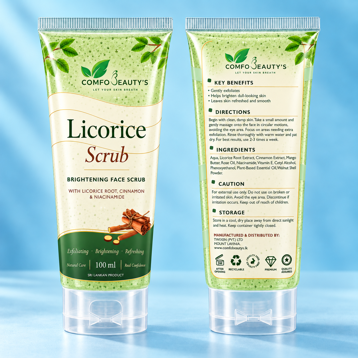 The green Licorice Scrub tube shown front and back