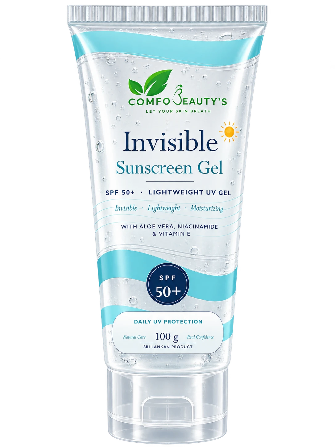 Invisible Sunscreen Gel SPF 50+ in a 100 g clear tube with a pale blue label