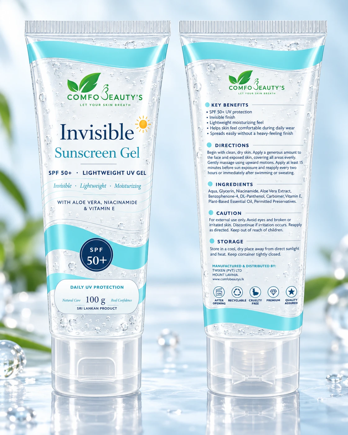 The sunscreen gel tube shown front and back, the back listing benefits, directions and ingredients