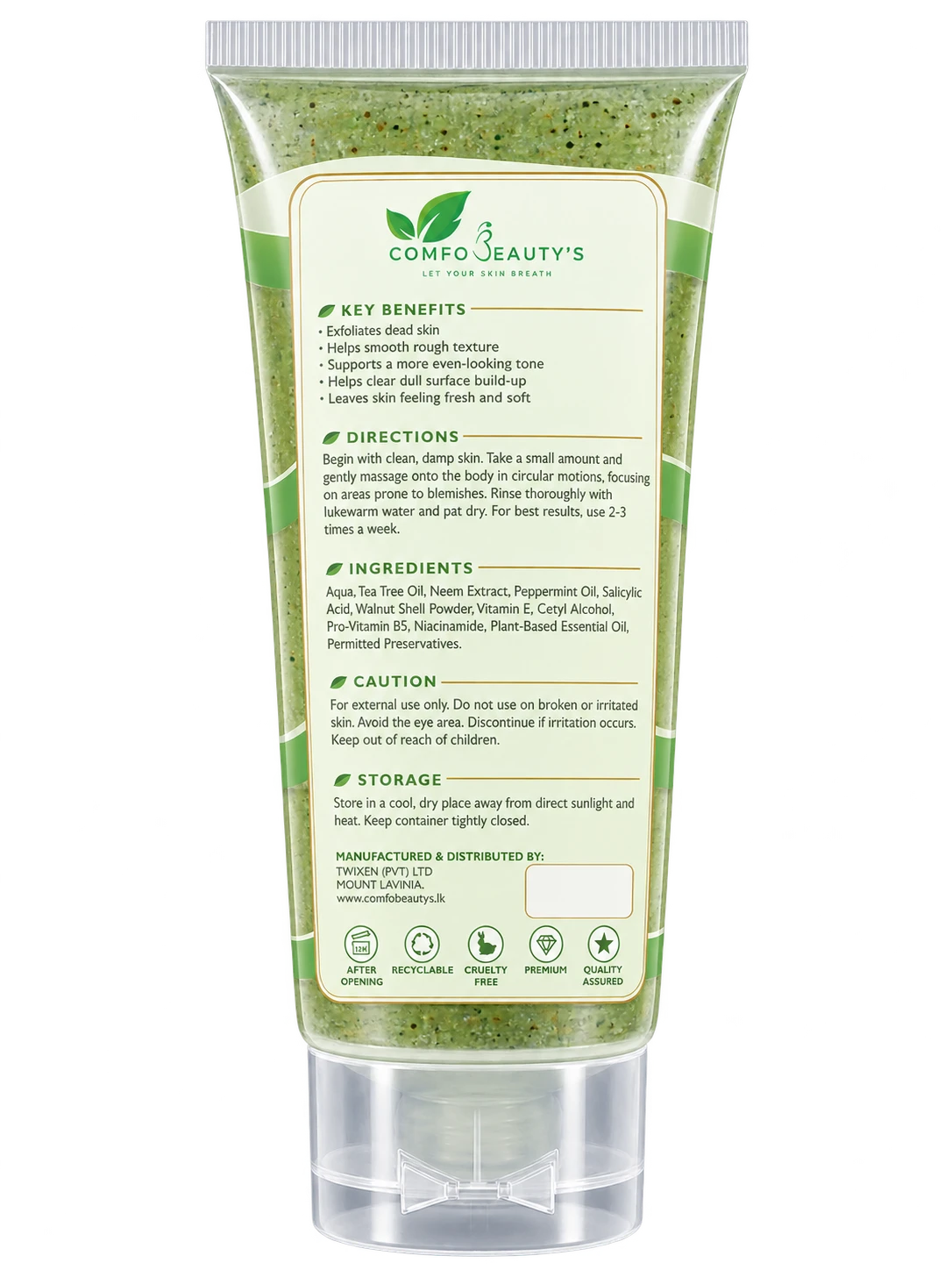 The back of the Body Scrub tube, listing key benefits, directions, ingredients, caution and storage