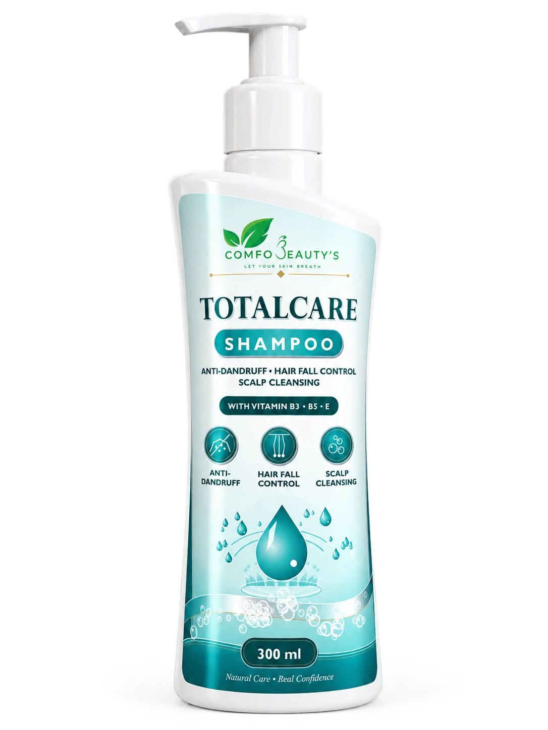 TotalCare Shampoo in a 300 ml white pump bottle with a teal label