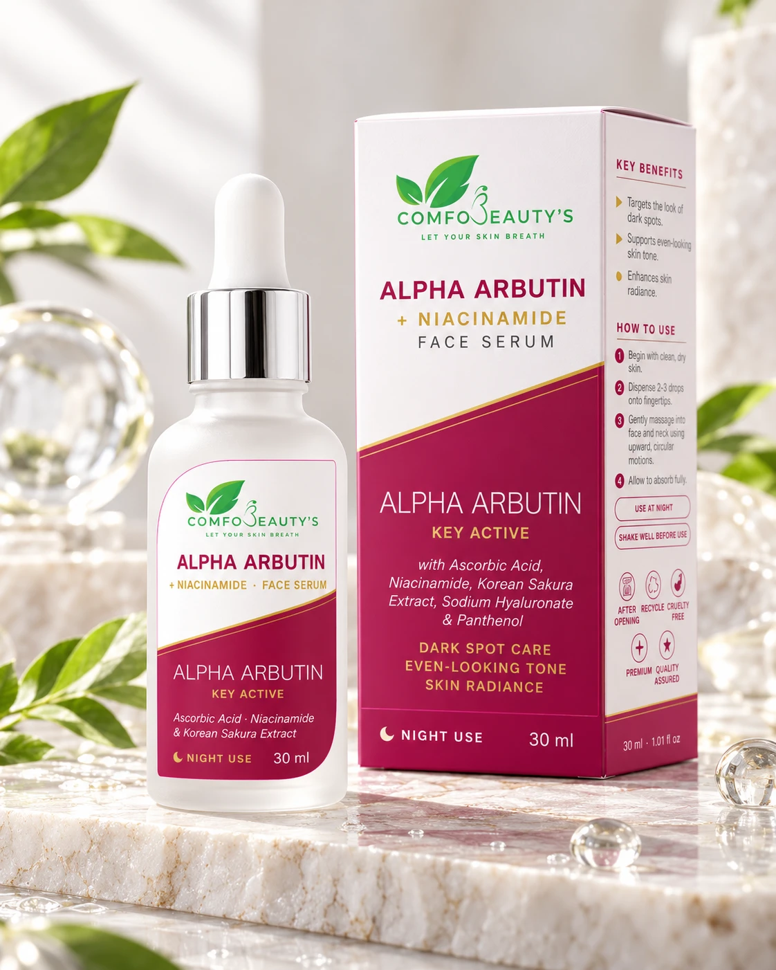 The Alpha Arbutin serum bottle beside its printed carton, which lists the key benefits and how to use it