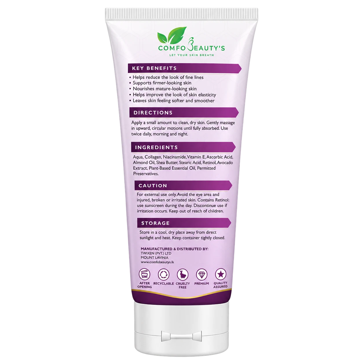 The back of the Anti-Aging Cream tube, listing key benefits, directions, ingredients, caution and storage