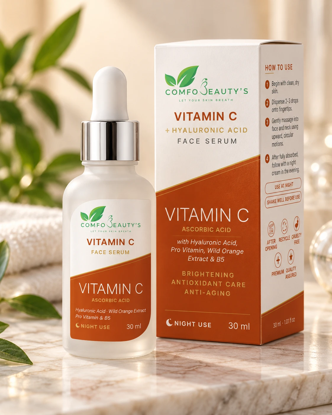 The Vitamin C serum bottle beside its printed carton, which lists how to use it