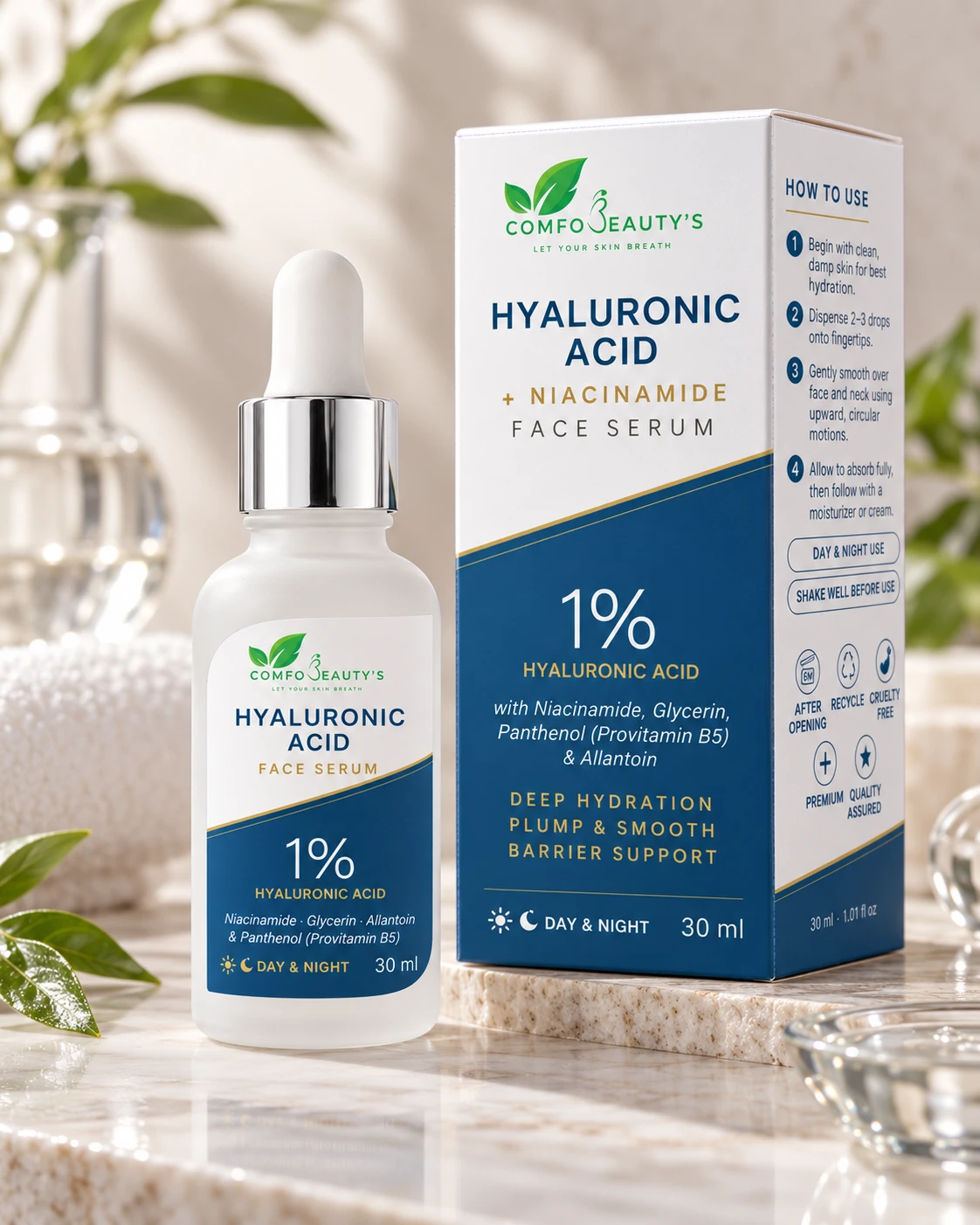 The Hyaluronic Acid serum bottle beside its printed carton, which lists how to use it