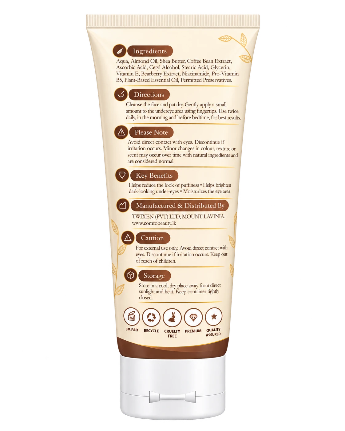 The back of the Under Eye Care tube, listing ingredients, directions, key benefits, caution and storage