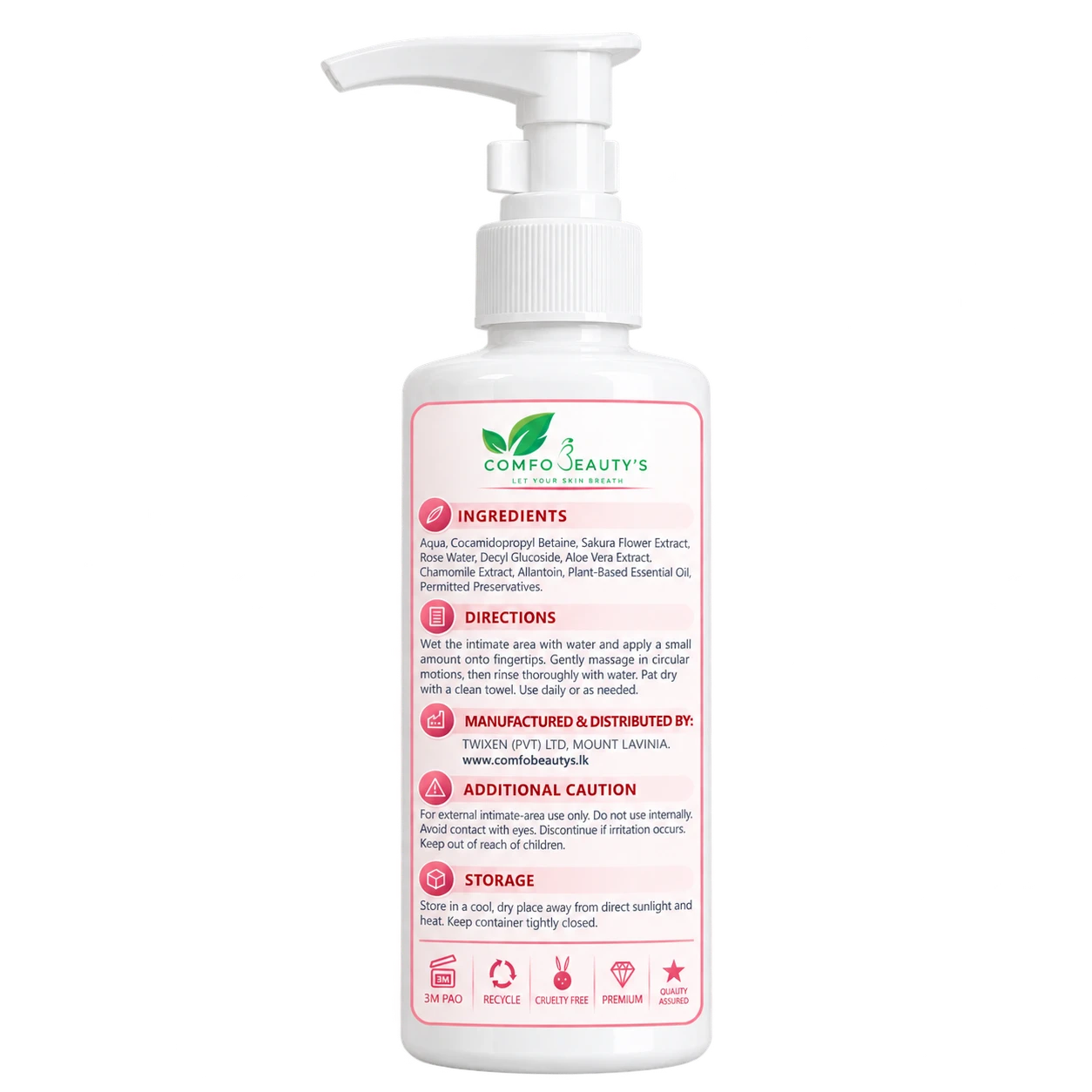 The back of the Secret Wash bottle, listing ingredients, directions, caution and storage